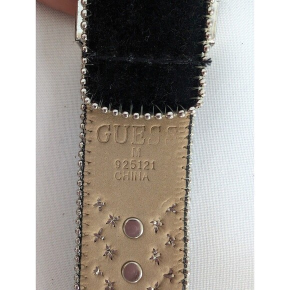 Guess Women’s Western Rhinestone Studded Belt Silver Engraved Buckle Black M - Picture 6 of 6